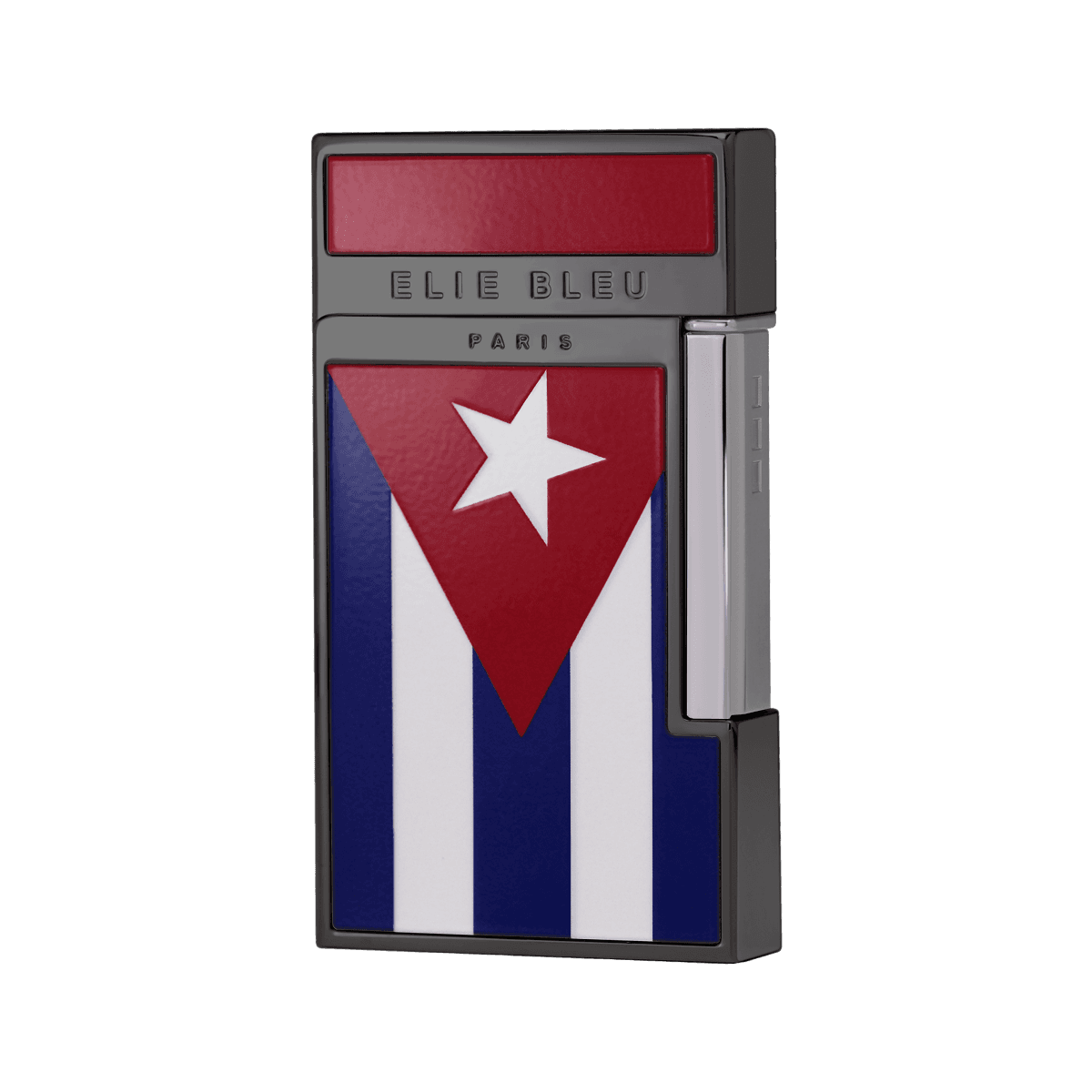 Elie Bleu Pocket Lighter "Diamond Jetflame Cuban Flag" Black Ip Rhodium Accent